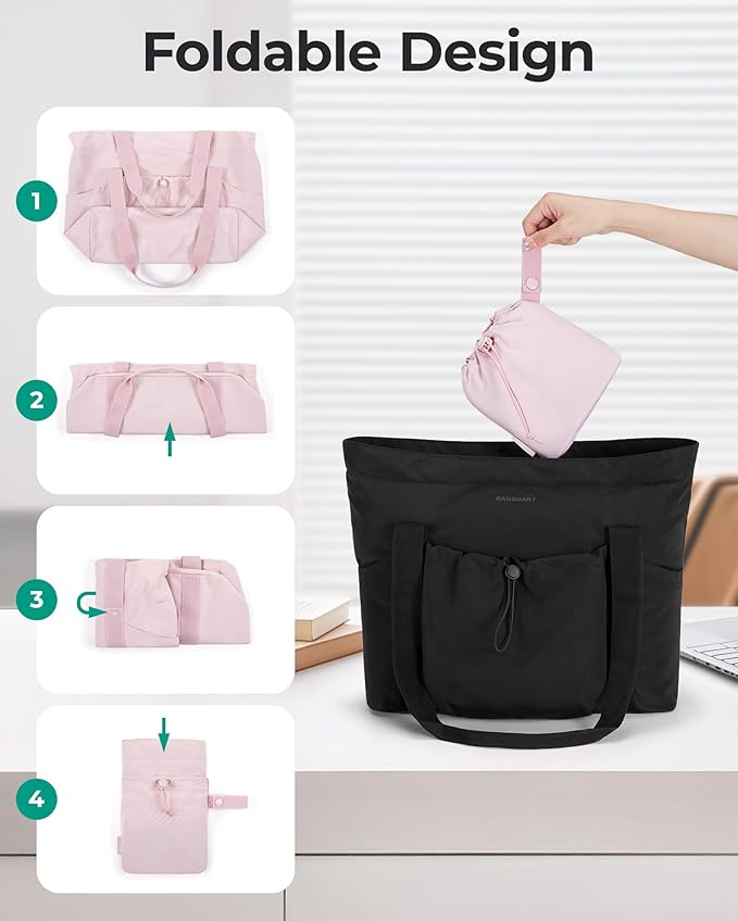 BAGSMART Foldable Tote Bag with Drawstring Bag, Tote Bag Shoulder Bag Top Handle Handbag for Travel, Work, Beach, Gym