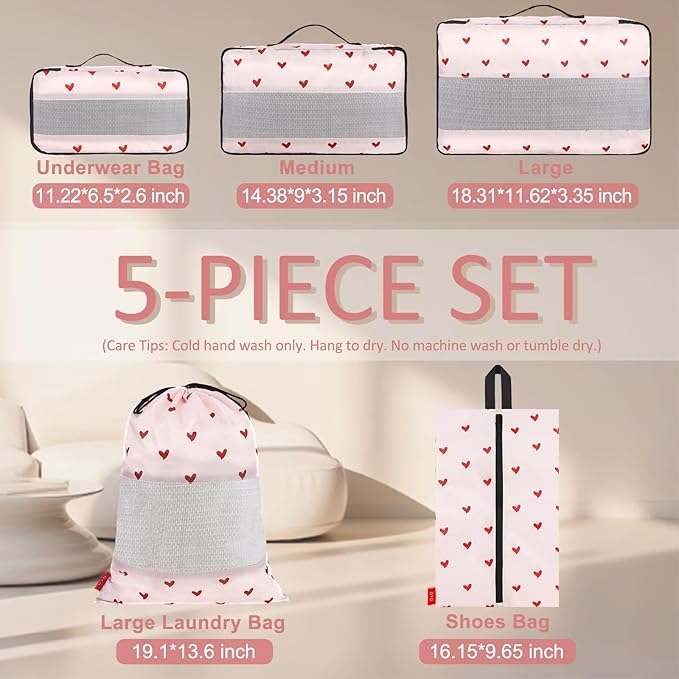 U+U 5 Set Packing Cubes for Travel Essentials Ultralight Luggage Packing Organizers with Laundry Bag and Shoe Bag for Vacation, Business Trip and Camping (Sweetheart Pink)