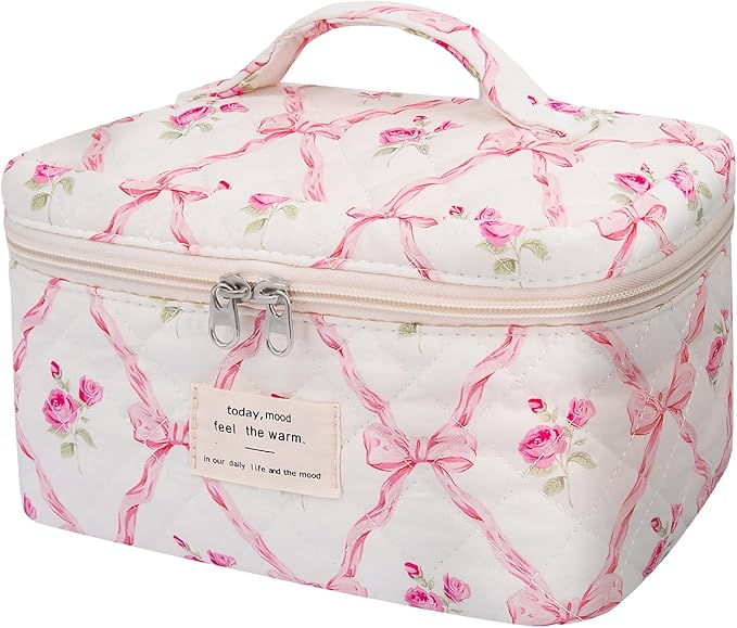 Gosect Large Makeup Bag, Cute Cosmetic Bag for Women Girls, Floral Coquette Aesthetic Toiletry Bag, Travel Make Up Organizer Bag (Pink Butterfly)