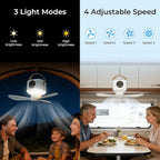 Portable Camping Fan, 7200 mAh Tent Fans with LED Light, Remote Control, Detachable Blades and Hook 4 Speeds 3 Brightness Timer Ceiling Fan for Tents Car Picnics Travel