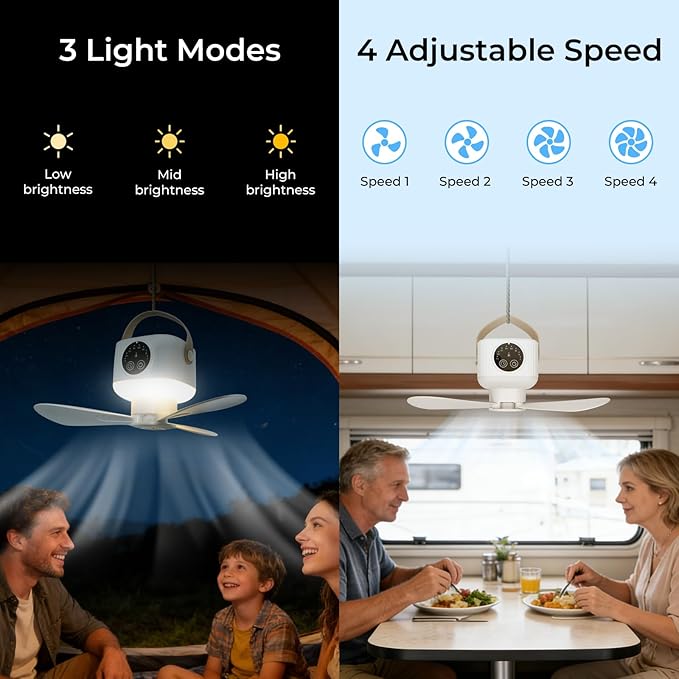 Portable Camping Fan, 7200 mAh Tent Fans with LED Light, Remote Control, Detachable Blades and Hook 4 Speeds 3 Brightness Timer Ceiling Fan for Tents Car Picnics Travel