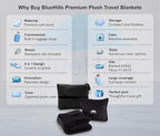 BlueHills 2-Pack Premium Soft Travel Blanket Pillow Airplane Blanket for Two in Soft Bag Pillowcase with Hand Luggage Belt and Backpack Clip, Compact Pack Large Blankets for Travel (Black T014)