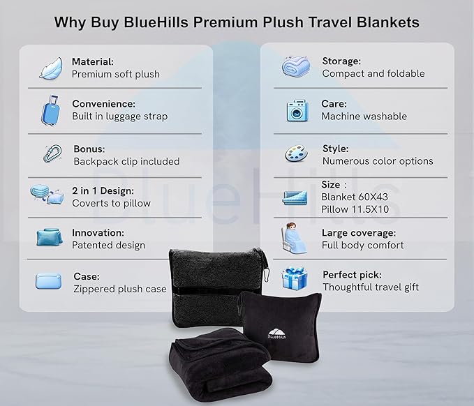 BlueHills Premium Soft Travel Blanket Pillow Airplane Blanket Packed in Soft Bag Pillowcase with Luggage Sleeve Compact Pack Large Traveling Packable Lightweight Gifts Black T008