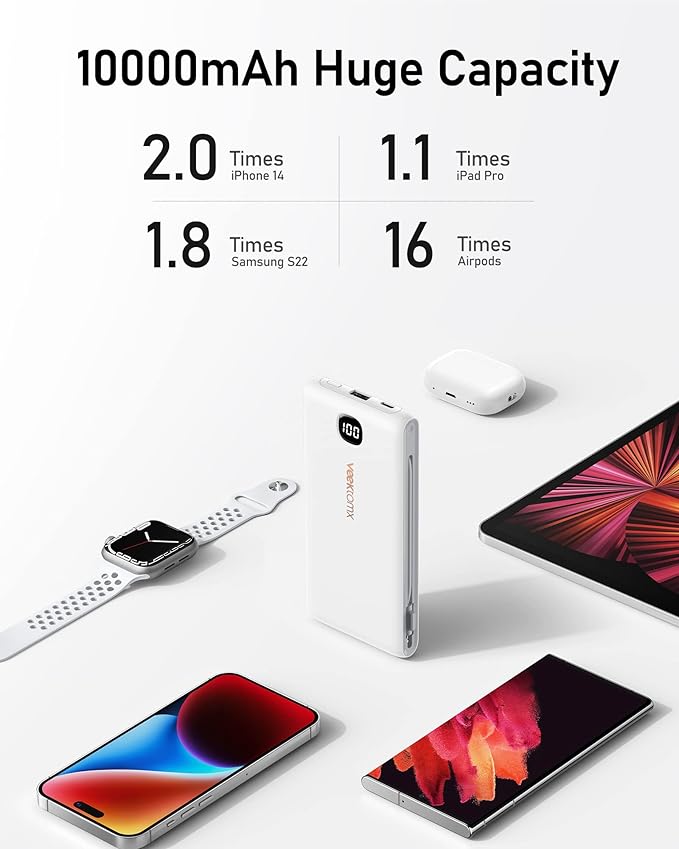 Portable Charger for iPhone Built in Cables and Wall Plug 10000mAh, Power Bank for Phone, USB C Slim Battery Pack with LED Display Compatible with iPhone 17/16/15/14, Samsung