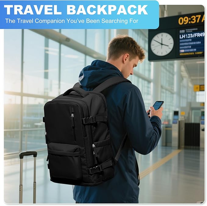 Large Travel Backpack Women Carry On Hiking Backpack Waterproof Outdoor Sports Casual Daypack Personal item Travel Bag Airplane Essentials Spirit Airline Flight Approved Shoes Compartment Men,Black