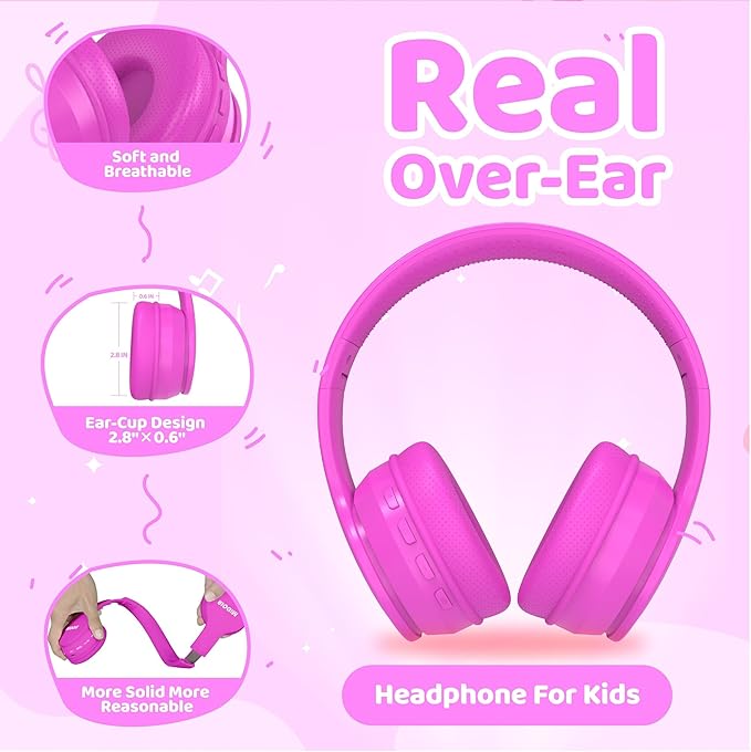 MIDOLA Kids Bluetooth Headphones 68H Play Time,Volume Limit 85/94dB, Foldable Lightweight Wireless Over-Ear Headphone for Kid Toddler Child Pad Tablet,Headsets with Built-in Mic Hot-Pink
