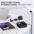 European Plug Adapter, Unidapt US to UK Europe Power Strip for EU/UK/US with USB C and 4 USB Ports, 3 AC Outlets, Wall Mountable, 5ft Extension Cord, for Travel Cruise Ship Home (Black)