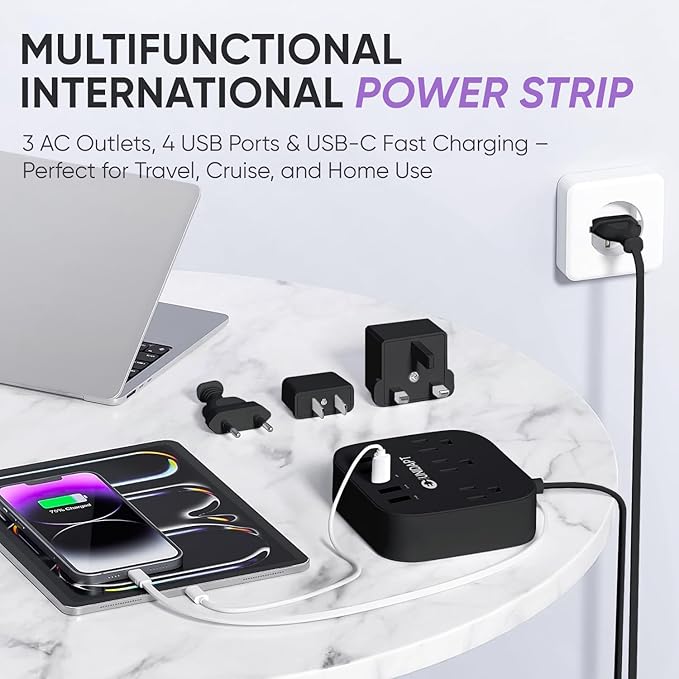 European Plug Adapter, Unidapt US to UK Europe Power Strip for EU/UK/US with USB C and 4 USB Ports, 3 AC Outlets, Wall Mountable, 5ft Extension Cord, for Travel Cruise Ship Home (Black)