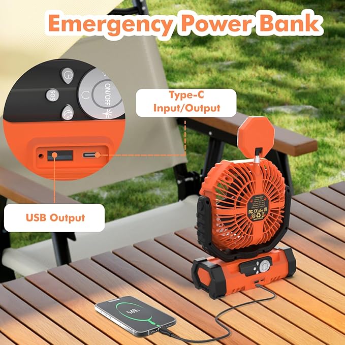 Portable Fan, AI Outdoor Rechargeable Camping Fan with Light, 20000mAh Battery Powered, 360° Rotating Hook, 4 Speeds for Indoor, Traveling, Tenting, RVing, Fishing, Beach (Orange)