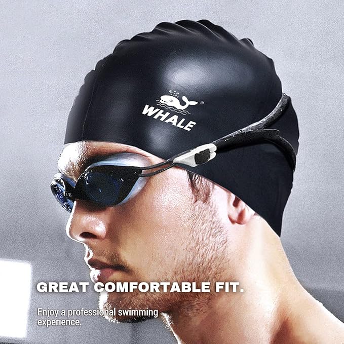 WHALE Extra Large Swim Cap for Women Men, Durable Silicone Swimming Hat with Ear Protection, Unisex Adults Bath Swimming Caps for Long Thick Curly Hair & Dreadlocks Braids Weaves Afro Hair