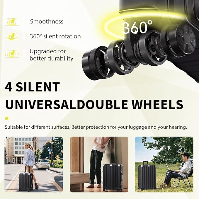 Krute Carry On Luggage 20 inch Aluminum Frame Luggage with Spinner Wheels Hardshell No Zipper PC+ABS TSA Lock Zipperless Suitcases Black