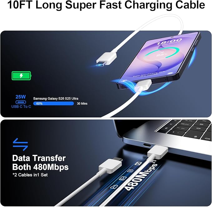 Super Fast Charger Type C, 25W USB C Wall Charger Fast Charging for Samsung Galaxy S26 Ultra/S26/S26+/S25 Ultra/S25/24 Ultra/S24/S23 Ultra/S22 Ultra with 10FT Long Android Type C Charger Cable 2Pack