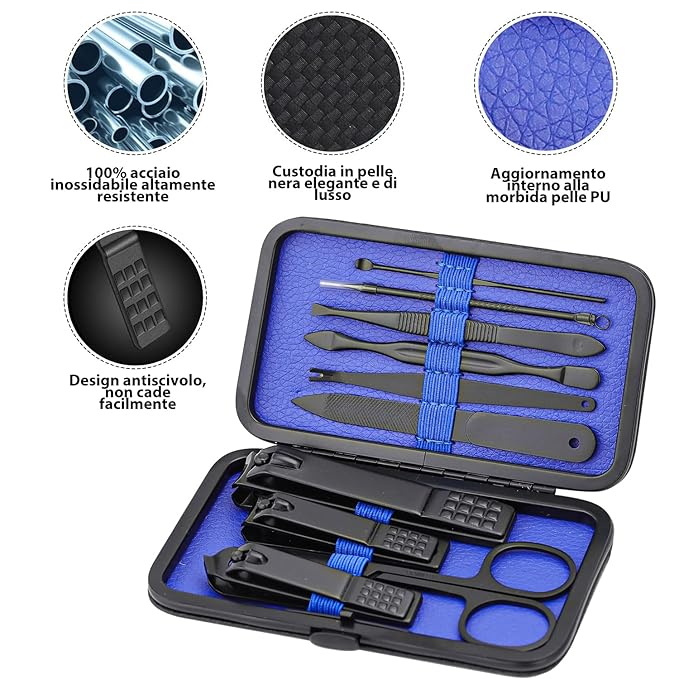 Glamne Manicure Set Nail Clippers Kit Professional Stainless Steel Nail Care Tools with Leather Travel Case 10 in 1 Blue