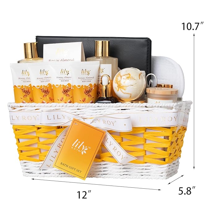 Gifts for Women & Men, Gift Basket for Mom & Dad - Luxurious Honey Almond Bath and Body Basket Set for Women, Spa Gift Set for Mom, Spa Kit | Valentines Day, Birthday Gifts, Christmas Gift Sets