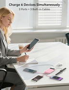 Portable Charger, 10000mAh 22.5W Fast Charging Power Bank with 4 Built-in Cables, Travel Essentials Battery Pack with LED Display, 6 Outputs Charging Bank Compatible with iPhone, iPad, Samsung Pink
