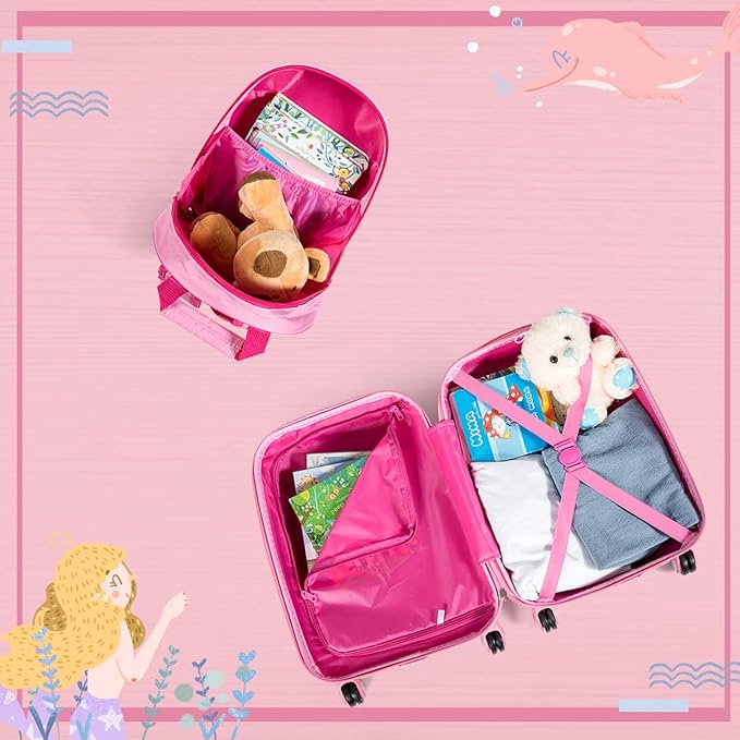 GYMAX 2Pc Kid Carry On Luggage Set, 12" & 18" Kids Suitcase with 4 Spinner Wheels, Travel Rolling Trolley