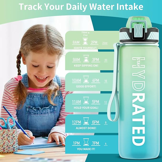QLUR Water Bottle with Straw, 27oz Motivational Water Bottles with Time Marker to Drink, Tritan BPA Free, 750ml Sports Water Bottle with Carry Strap LeakProof for School Fitness Outdoor (1Pack)