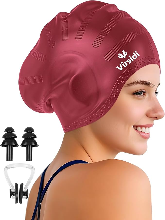 Swim Cap for Long Hair, Silicone Swimming Cap for Adult Women Men with 3D Ear Protection, Waterproof Large Swim Hats Bathing Caps to Keep Hair Dry with Ear Plugs Nose Clip