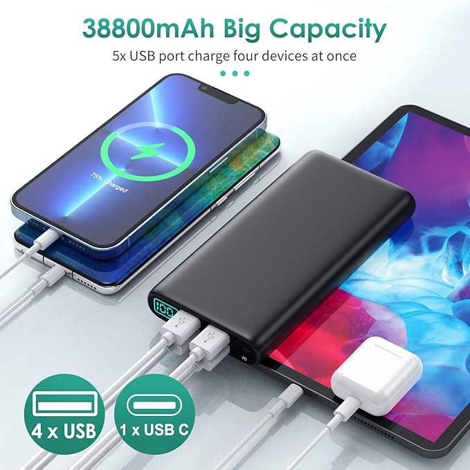 Portable Charger 38800mAh Power Bank with 5 Outputs & 2 Inputs,PD USB C In&Out Fast Phone Charging External Battery Pack Backup,Travel Essential Outdoor for iPhone 17/16/15,Android Samsung Galaxy etc