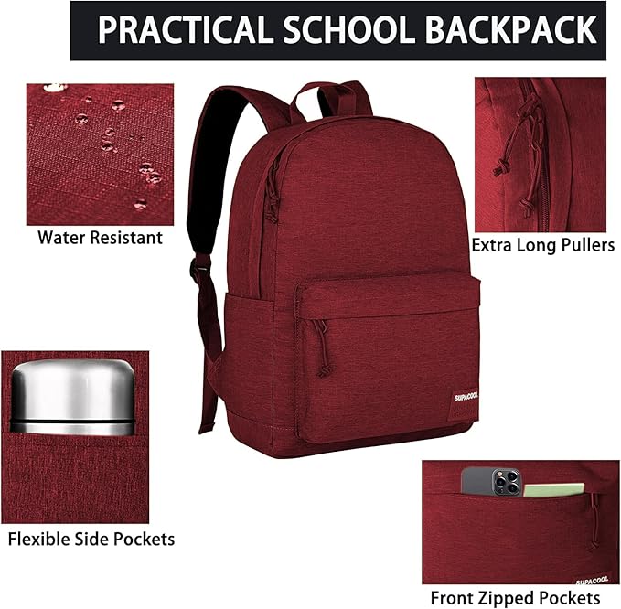SUPACOOL Casual Laptop Backpack for Men and Women, Backpack with USB Charging Port(Garnet set)