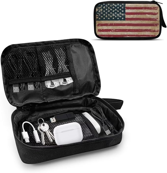 Vintage USA Flag Print Large Electronics Organizer - Travel Case, Cord Organizer, Accessories for Women