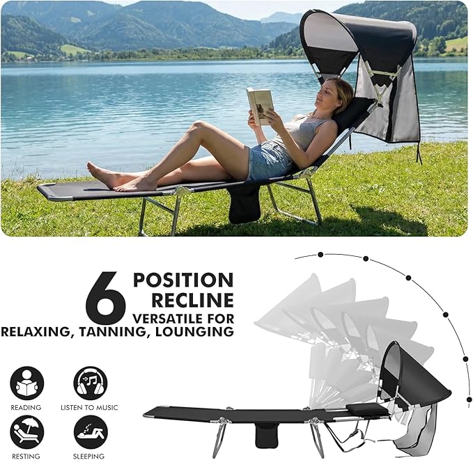 Backpack Beach Tanning Lounge Chair with Canopy Shade Face Hole Padded Adjustable Washable, 6 Position Layout Chair for Outside Sunbathing Poolside Lawn, UPF 50+ Wind-Resistant Sun Shade, Patented