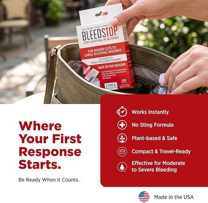 BleedStop™ First Aid Powder for Blood Clotting, Trauma Kit, Blood Thinner Patients, Camping Safety, and Survival Equipment for Moderate to Severe Bleeding Wounds or Nosebleeds - 2 (20g) Pouches