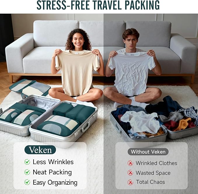 Veken 10 Set Packing Cubes for Travel Essential, Suitcase Organizer Bags in 4 Sizes, Carry-On Luggage Accessories with Large Laundry & Hanging Toiletry Bag, Must-Have for Airplane, Road Trip & Camping