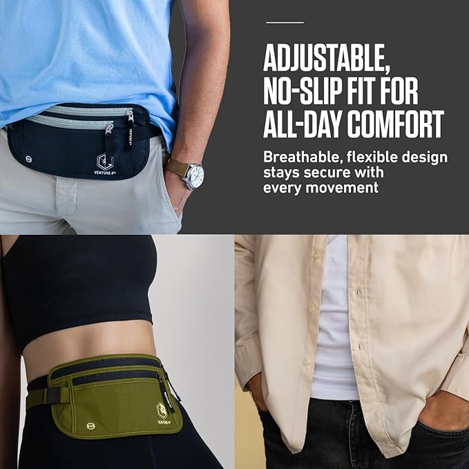 VENTURE 4TH Money Belt for Travel – Slim Hidden Under-Clothes RFID Blocking Anti-Theft Passport Holder & Travel Wallet Pouch for Men & Women to Protect Cash, Cards & Documents (Pure Black)