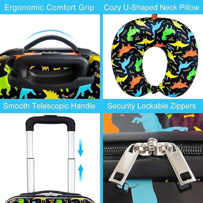 2Pcs Kids Suitcase Set, 16.5" Hardside Boys Travel Luggage with Spinner Wheels, Dinosaur Carry on Rolling Luggage Airline Approved (Black)