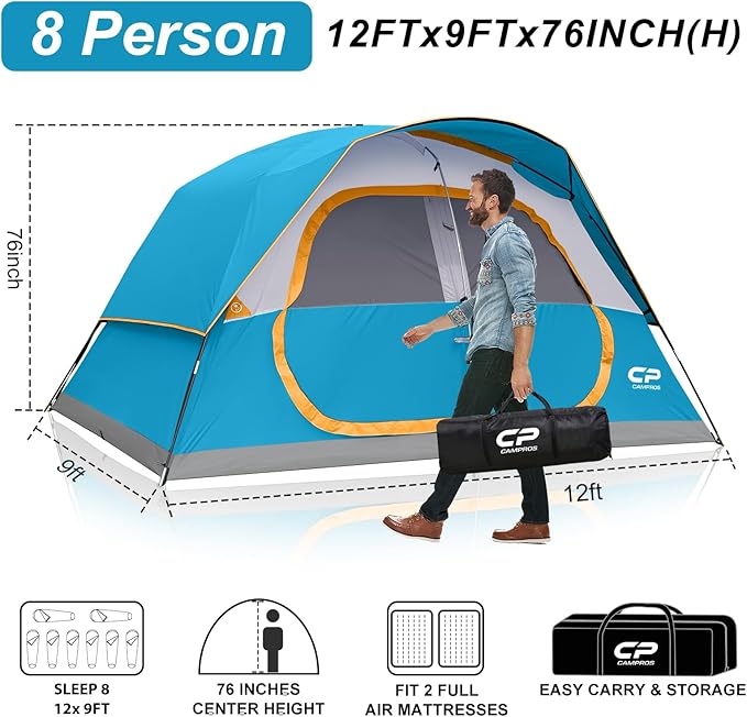 CAMPROS CP Upgraded 6/8 Person Camping Tents, Waterproof Windproof Family Tent with Larger Mesh Windows & Door, Double Layer, Easy Set Up, All-Season Dome Tent with Top Rainfly & Carry Bag