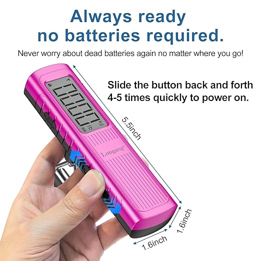 Battery-Free Digital Luggage Scale, 110lbs/50kg Portable Handheld Hanging Scale for Luggages, Suitcases, Backpacks & Bags, Easy Weighing for Travel, No Need Batteries (Pink)