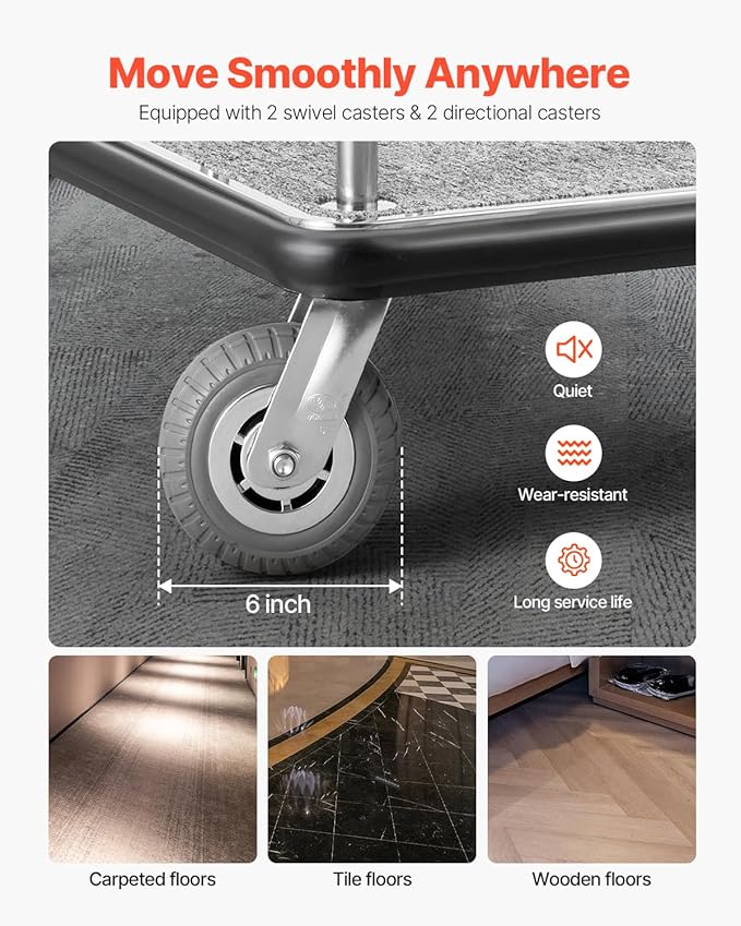 VEVOR Hotel Luggage Cart, Brushed Stainless Steel Finish Bellman's Cart, Valet Cart with Grey Carpeted Deck and 6-inch Rubber Wheels, Ideal for Hotels, Condos, Resorts, Silver