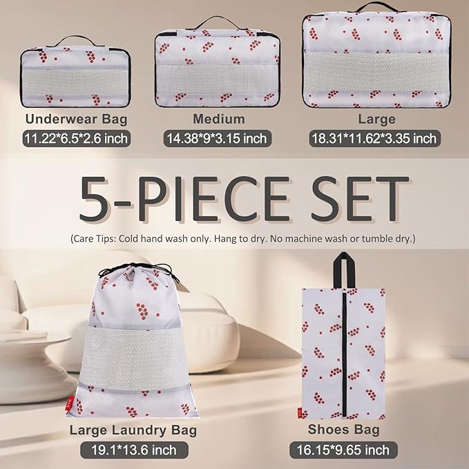 U+U 5 Set Packing Cubes for Travel Essentials Ultralight Luggage Packing Organizers with Laundry Bag and Shoe Bag for Vacation, Business Trip and Camping (Cherry Tomato)