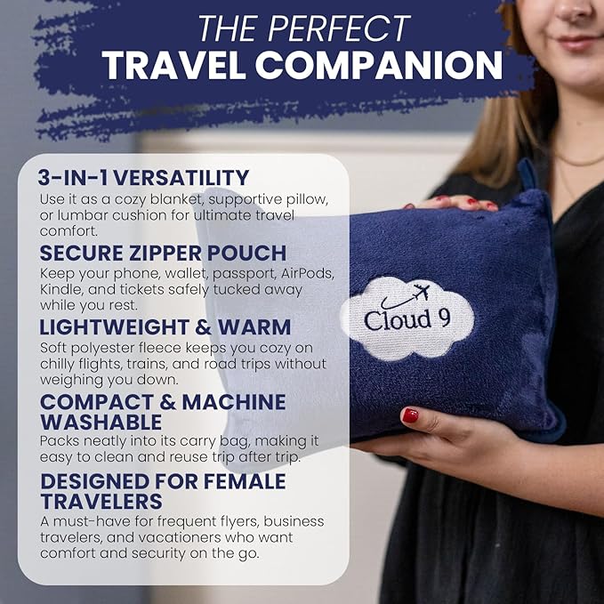 Cloud 9 Airline Travel Blanket Compact with Bag, Airplane Blanket for Long Flight, 3 in 1 Neck Pillow, Lumbar Support, Premium Airplane Accessories, Security Pouch, 300 GSM, Polyester Fleece