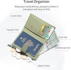 Passport wallet and Card Slot Combo RFID Blocking Slim Leather Travel Passport Wallet for Men and Women with Zippered Coins Pocket Passport holder, Light Green