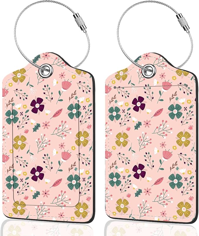 2Pack Luggage Tags for Suitcases, Cute Unique Pu Leather Cruise Luggage Tag with Privacy Cover ID Label Address Card and Metal Ring Suitable for Women Men Kids Travel Bag Yellow and green floral print