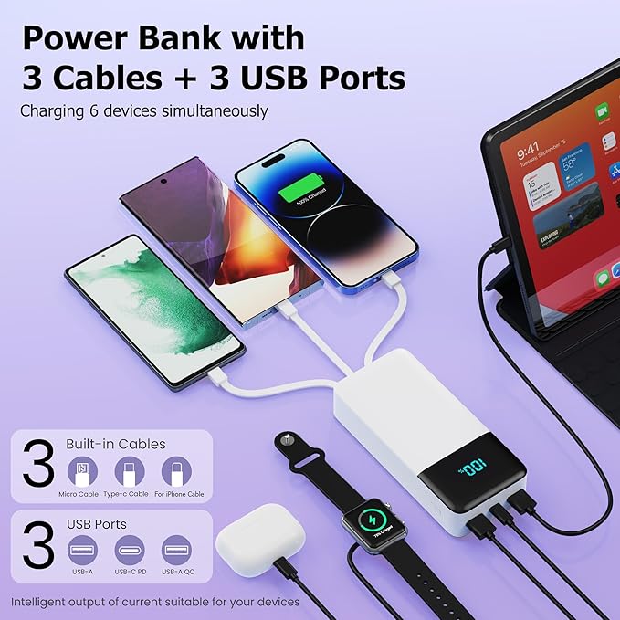 Portable Charger Power Bank 50800mAh,25W USB C Fast Charging Battery Pack with 3 Built in Cables & LED Display,6 Output 2 Input Travel Essentials Phone Charger for iPhone 17/16/15,Android etc (White)