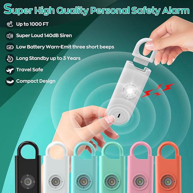 Fauxomor 140dB Personal Safety Alarm for Women, 3 Pack Safe Alarm Protection Keychain with Strobe Light & Low Battery Notice, Security Siren Self Defense for Seniors College Girls, White+Pink+Blue