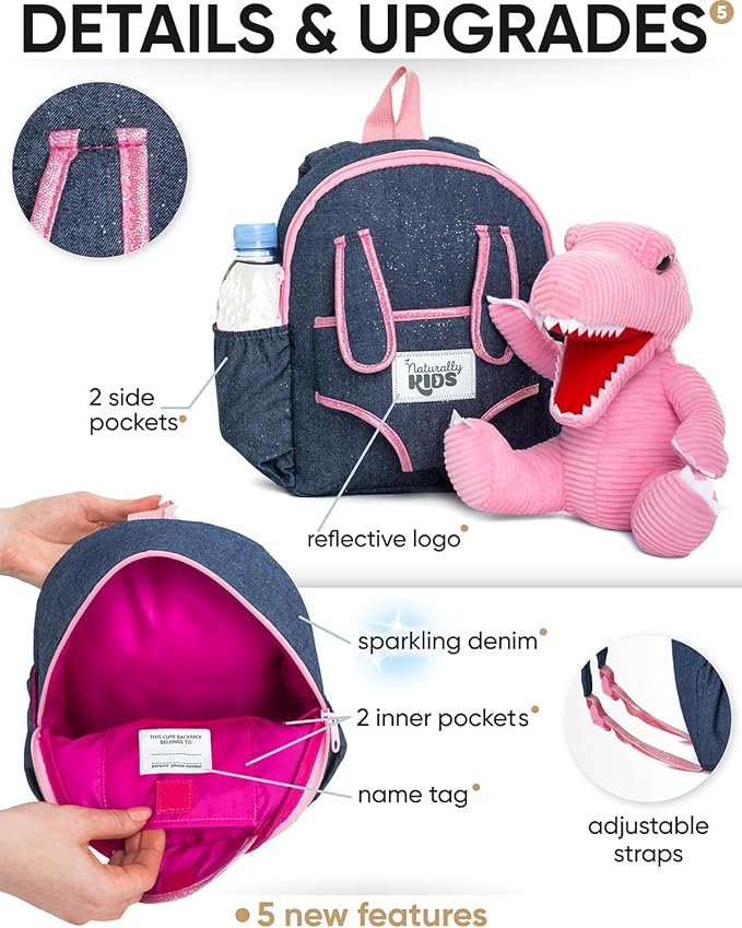 Naturally KIDS Pink Dinosaur Toys for Girls, Dinosaur Gifts for Girls 2-5 Year Old, Toddler Backpack