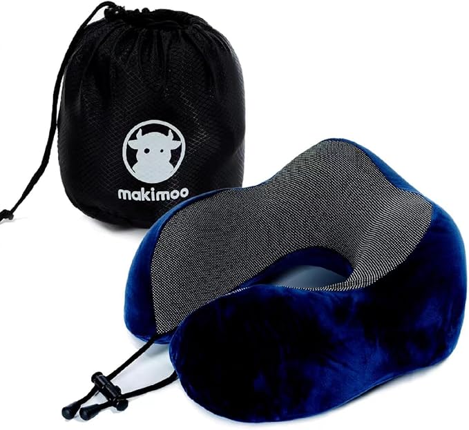 Memory Foam Travel Pillow, Neck Pillow with 360-Degree Head Support, Comfortable and Lightweight, Ideal for Sleeping on Airplane, Car, Train, Bus and Home Use, Comes with Storage Bag (Blue)