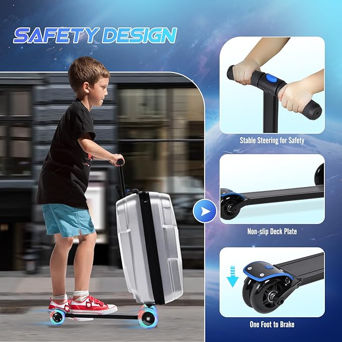 smilesun Scooter Suitcase for Kids & Adults, Foldable Carry On Travel Luggage, Hardside Ride on Scooter Suitcase with Spinner Wheels，Silver