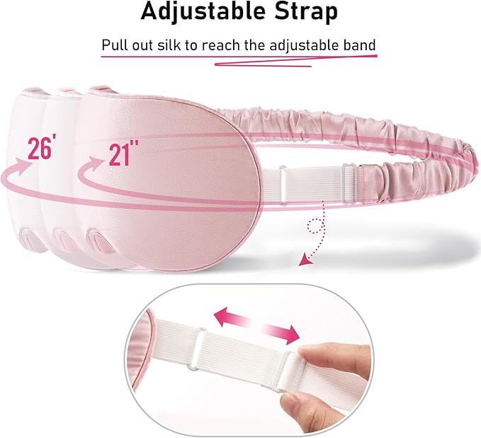 LitBear 100% 22 Momme Mulberry Silk Sleep Mask - 3D Contoured Eye Mask for Men Women, Soft Breathable Sleeping Mask with Adjustable Strap, Perfect Blocks Light for Sleeping (Light Pink)