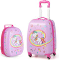 BABY JOY 2 Pcs Kids Luggage Set, 16" Carry-on Luggage Trolley Case & 12" Backpack w/Rolling Wheels, Retractable Handle, Lightweight Airline-approved Design, Kids Suitcase for Girls Boys (White Pony)