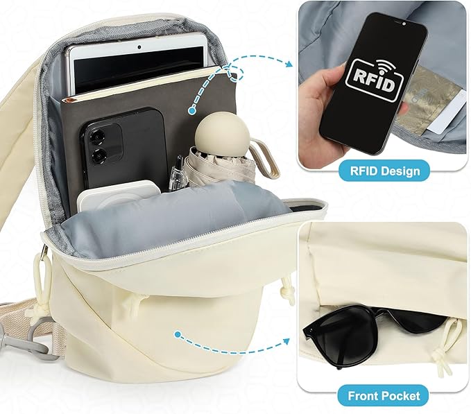Small Sling Bag with RFID Blocking, Mini Fanny Pack for Women and Men, Convertible Crossbody Anti Theft Chest Bag for Travel Hiking Running, Beige