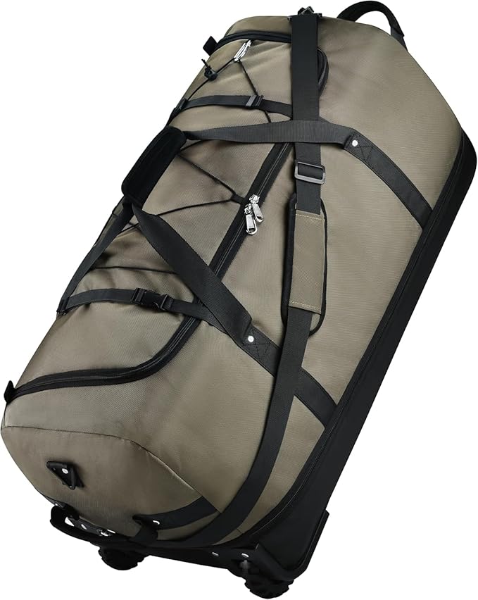 Rolling Duffle Bag with Wheels,110L/140L Expandable Soft-Sided Foldable Duffle Bag with 2 Rubber Wheels,Packable 32” Rolling Carry-On with Multi-Pockets & Compartments (Green)