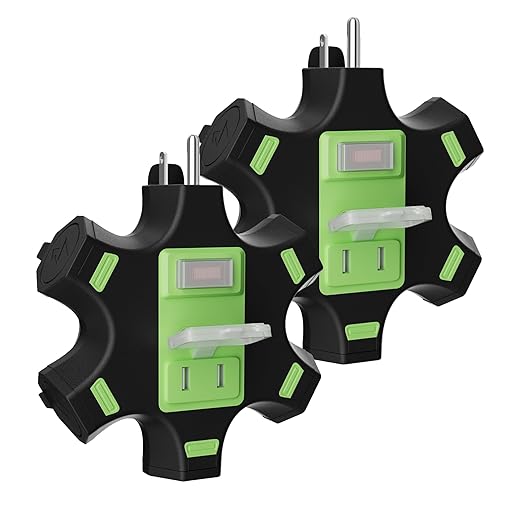 HiFind 2 Pack Outdoor 5-Outlet Extender Splitter Power Hub Plug Multi Outlet Tap with 2 USB-A Ports & Safety Covers, Heavy Duty Power Adapter with Circuit Breaker Indicator for Holiday Lights-ETL