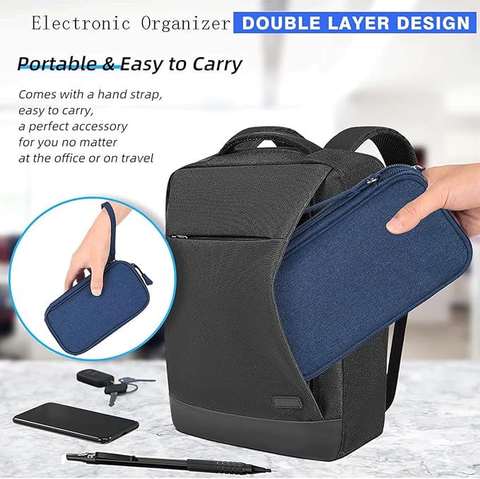 CAAORDKSO Electronic Organizer Travel Cable Accessories Bag, Double Layer Tech Pouch Accessories Carry Case, Travel Essentials for Cable, Cord, Charger, Phone, Power Bank, Earphone (Navy Blue, Large)
