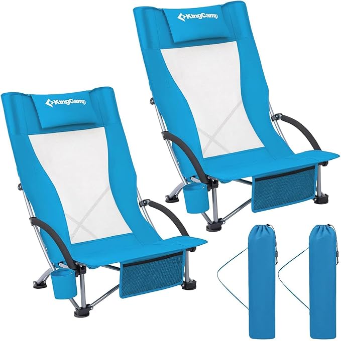 KingCamp Low Beach Chair, High Back Folding Camping Chair for Adults, Oversized Breathable Mesh Seat, 300lbs Heavy Duty Portable Chair with Cup Holder & Storage Pockets for Beach, Outdoor