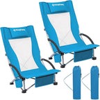KingCamp Low Beach Chair, High Back Folding Camping Chair for Adults, Oversized Breathable Mesh Seat, 300lbs Heavy Duty Portable Chair with Cup Holder & Storage Pockets for Beach, Outdoor